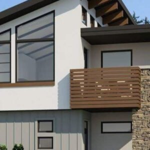 تصميم المشاريع السكنية ثلاثية الأبعاد في السعودية - منزل من الخارج مصمم باللون البني والأبيض مع واجهة زجاجية على الجانب الأيسر وشرفة على الجانب الايمن