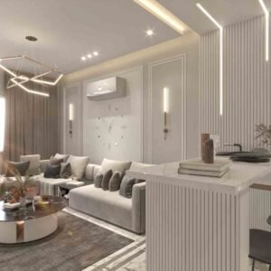 تصميم المشاريع السكنية ثلاثية الأبعاد في السعودية - صورة لمنزل من الداخل مصمم باللون الرمادي والأبيض ويوجد بعض الأثاث والإنارة